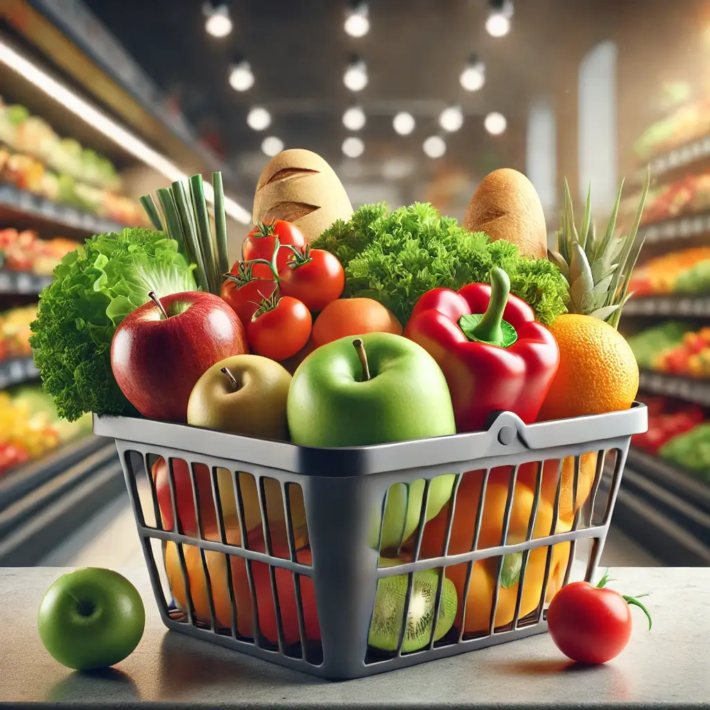 Корзина с продуктами и бытовой химией